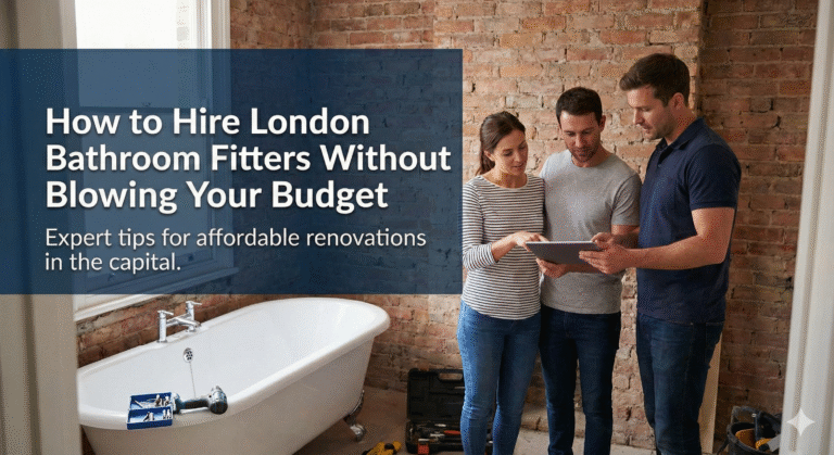 A realistic photo of a modern bathroom renovation in progress, featuring a stylish interior with construction elements or a professional fitter assessing the space, illustrating a home improvement project in London.