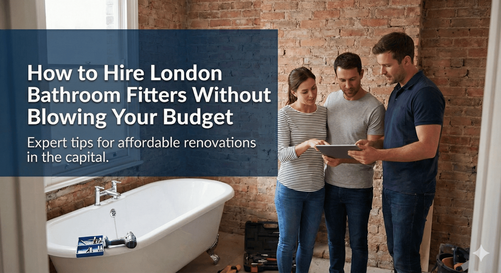 A realistic photo of a modern bathroom renovation in progress, featuring a stylish interior with construction elements or a professional fitter assessing the space, illustrating a home improvement project in London.